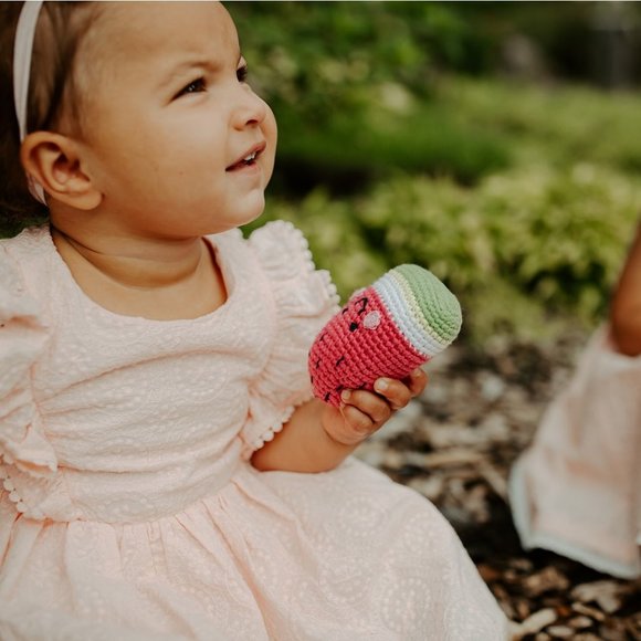 (3/$25) Hand Crochet Friendly Watermelon Wedge Rattle for Babies Organic Cotton - Picture 3 of 4